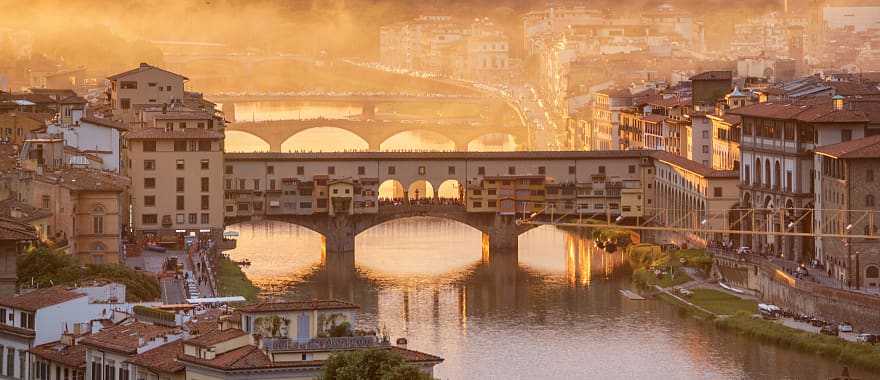 Morning view of the Ponte Vecchio bridge in Florence, Italy.