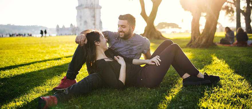 Couple at the park near Belem Park in Lisbon, Portugal