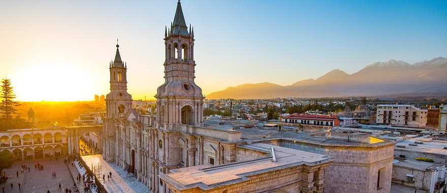 The Basilica Cathedral of Arequipa on sunset in Peru