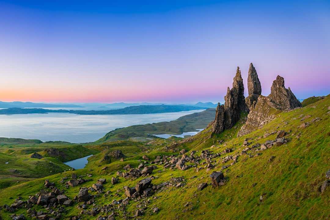 Old man of storr rock formation at sunrise on Isle of Skye in Scotland