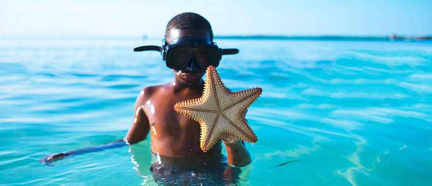 Young boy shows off a starfish he found while snorkeling in Belize