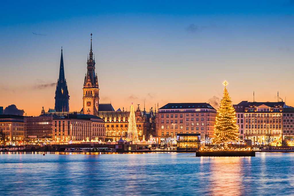 Hamburg skyline in winter with Christmas trees 