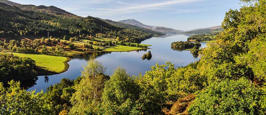 Beautiful summer view across Loch Tummel seen from Queen's View, located near Pitlochry, Perthshire, Scotland, UK.