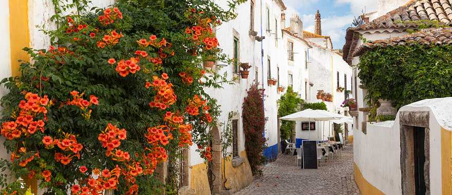 Typical street of Obidos a medieval fortified town in Portugal