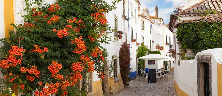 Typical street of Obidos a medieval fortified town in Portugal