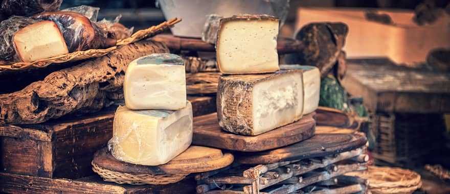 Tuscan pecorino cheese on display in Tuscany, Italy