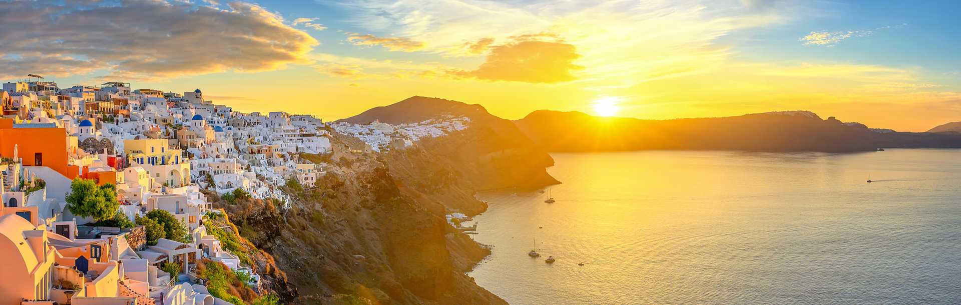 Sunset over Oia town on Santorini island, Greece