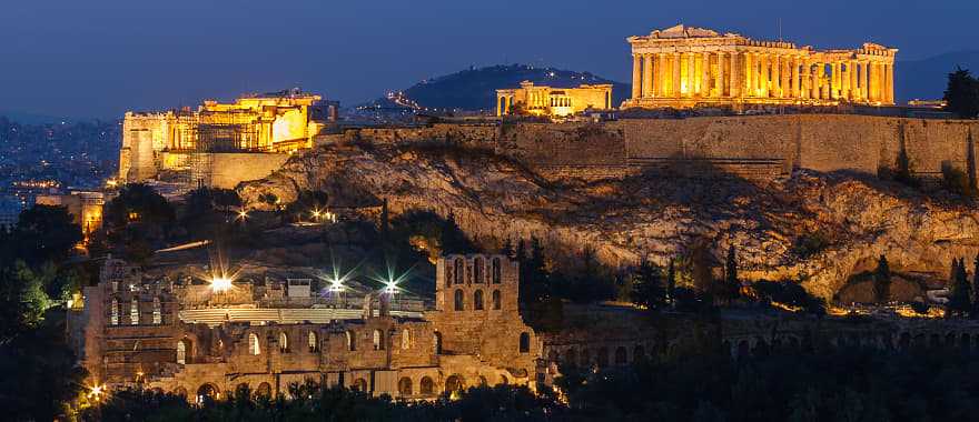 View of Acropolis at night in Athens, Greece 