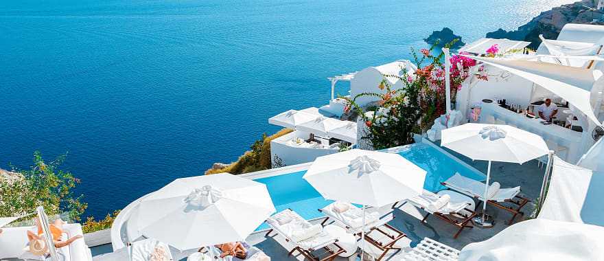 Terraces in luxury hotel in Santorini Island